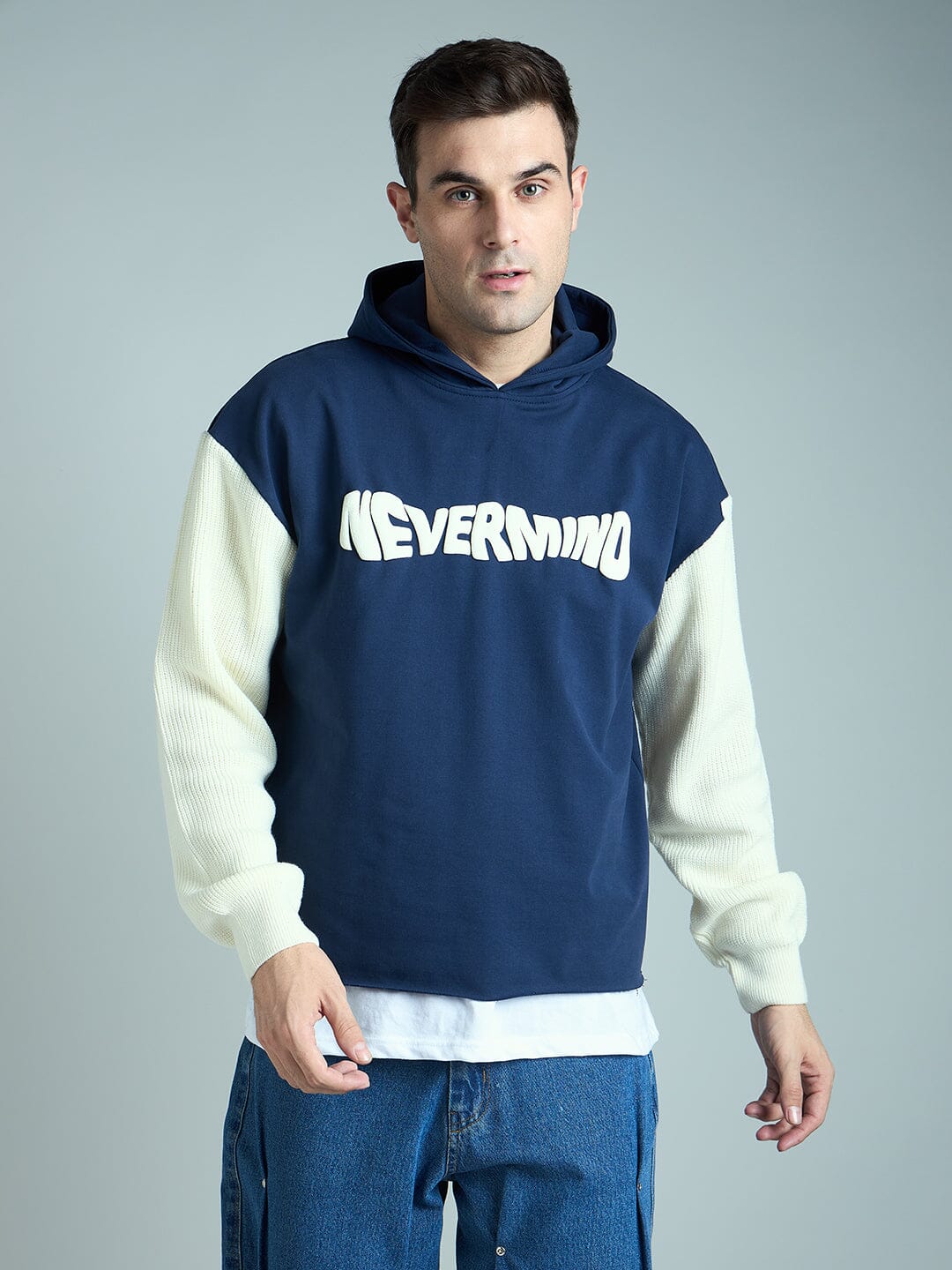 Navy Cropped Hoodie With Knitted Sleeves - Image 2