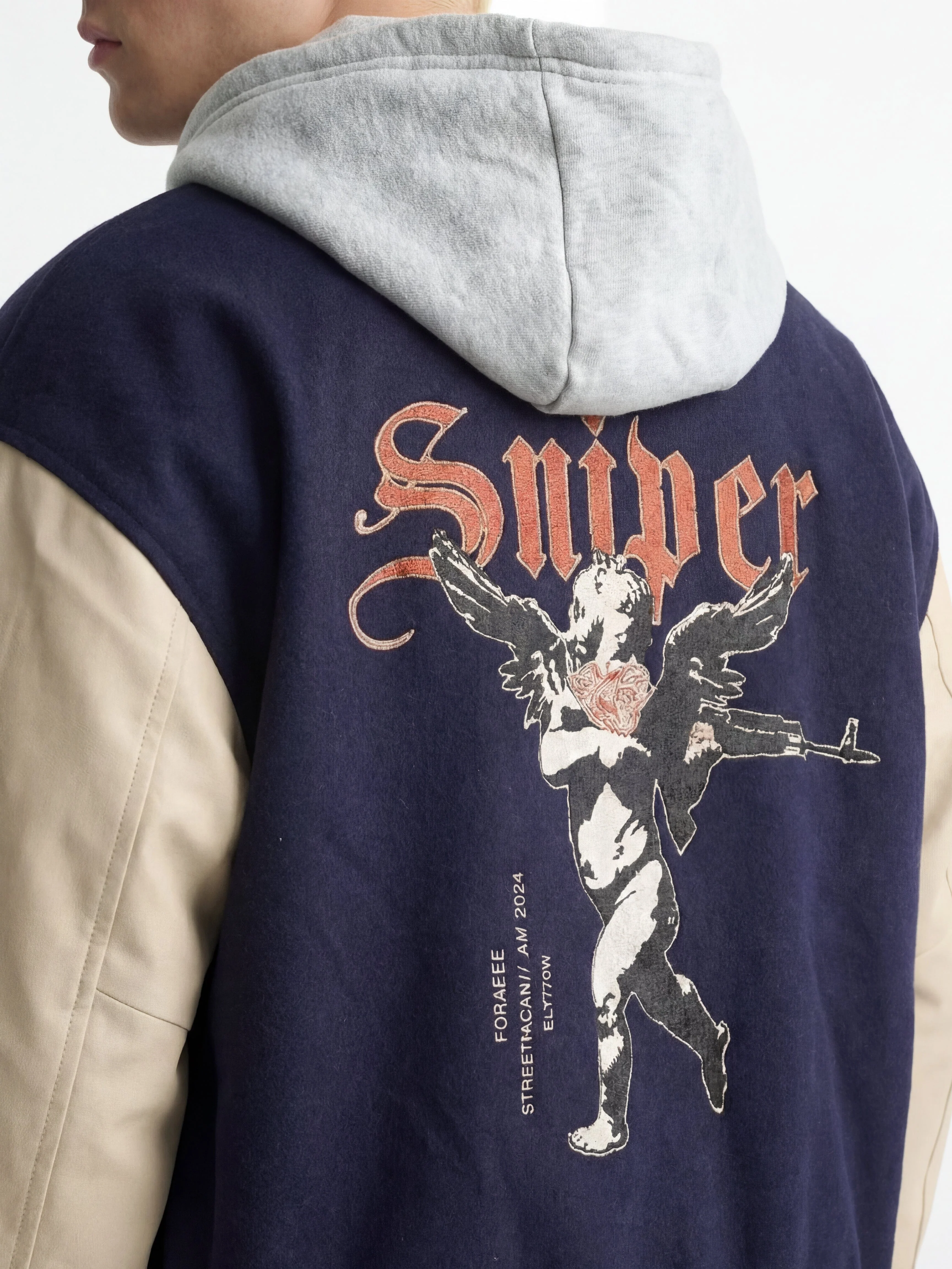 Navy Cupid Sniper Hooded Varsity Jacket - Image 3