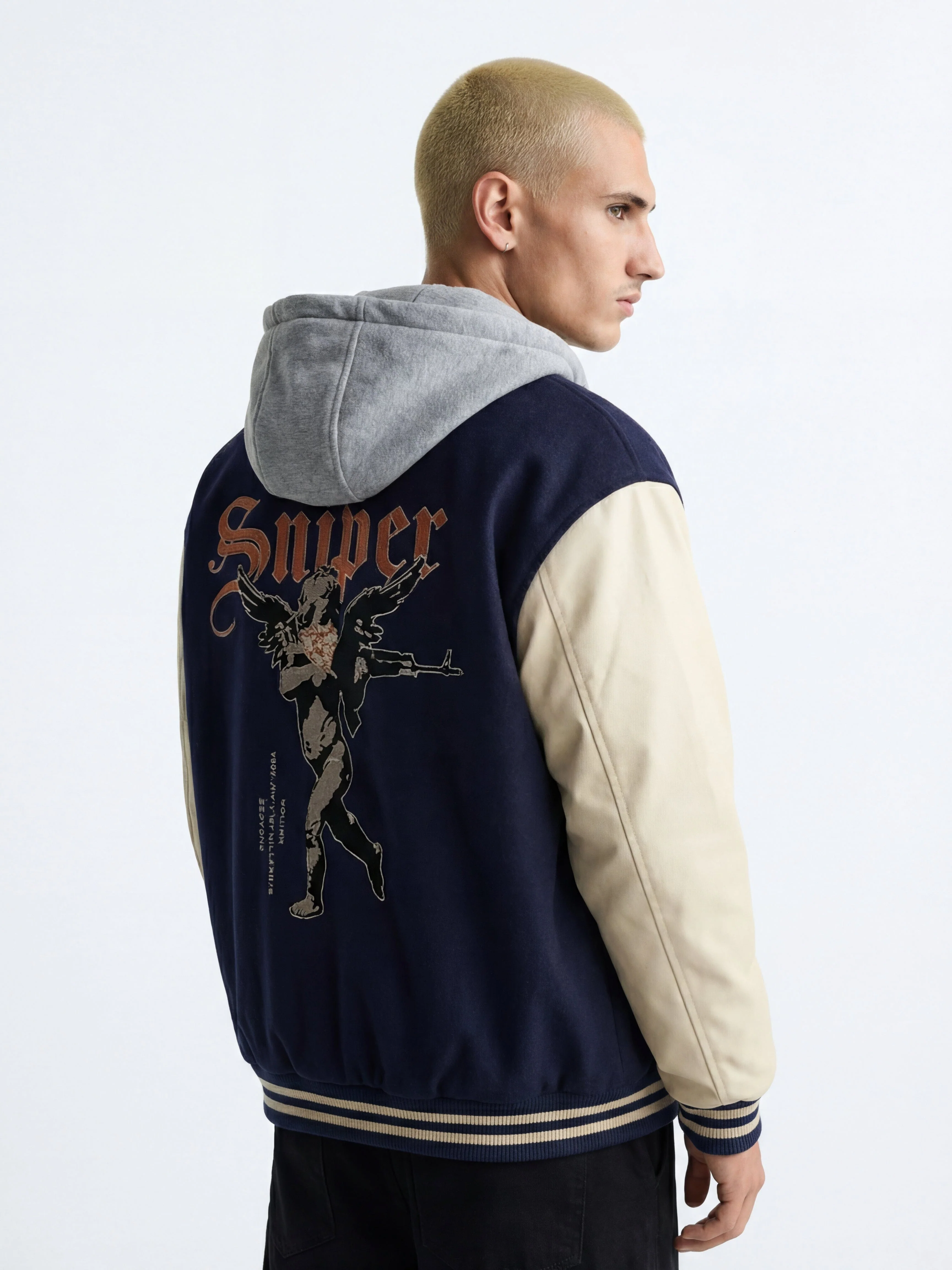 Navy Cupid Sniper Hooded Varsity Jacket - Image 6