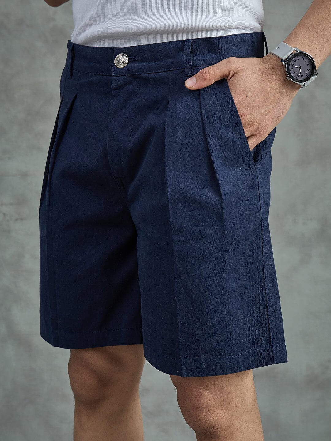 Navy Pleated Chino Shorts - Image 3