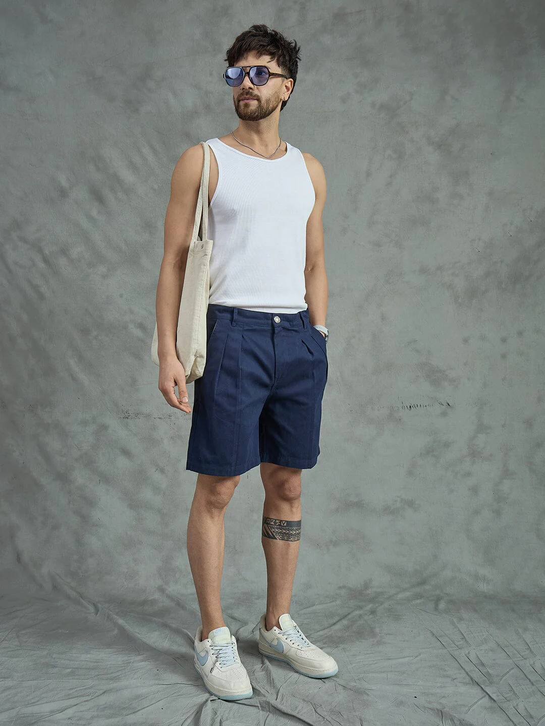 Navy Pleated Chino Shorts - Image 5
