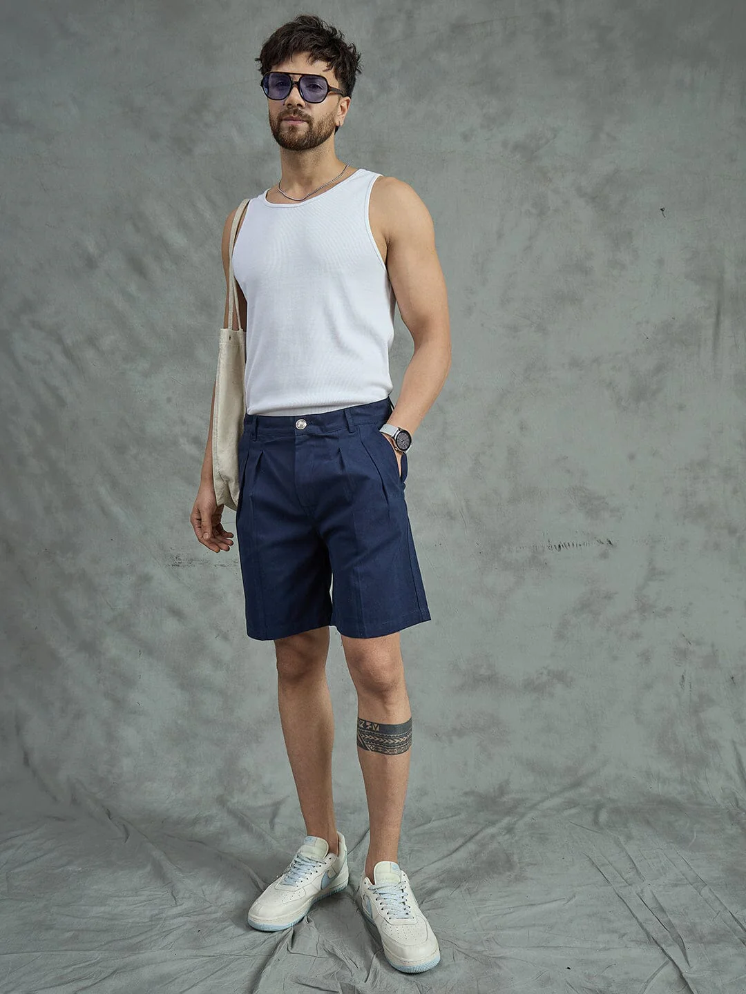 Navy Pleated Chino Shorts - Image 7