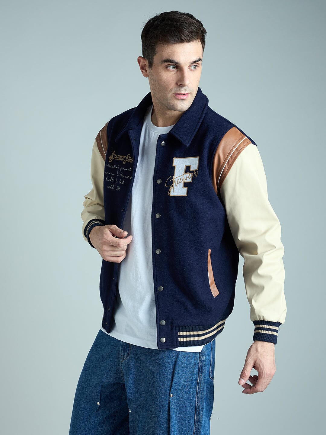 Navy Statement Woollen Varsity Jacket - Image 3