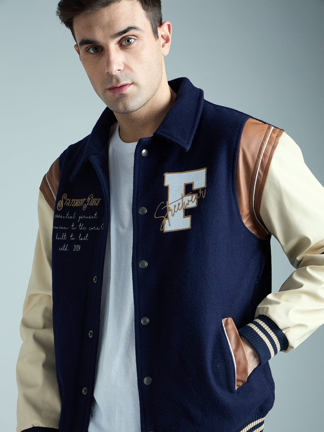 Navy Statement Woollen Varsity Jacket - Image 4