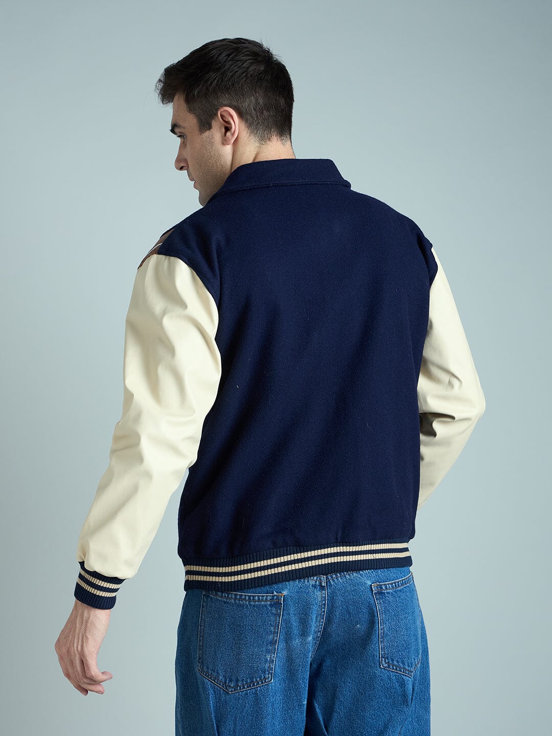 Navy Statement Woollen Varsity Jacket - Image 5
