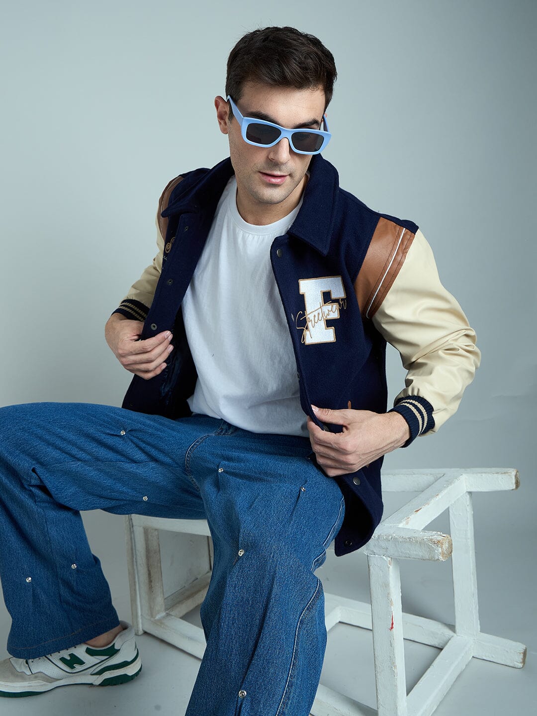 Navy Statement Woollen Varsity Jacket - Image 7