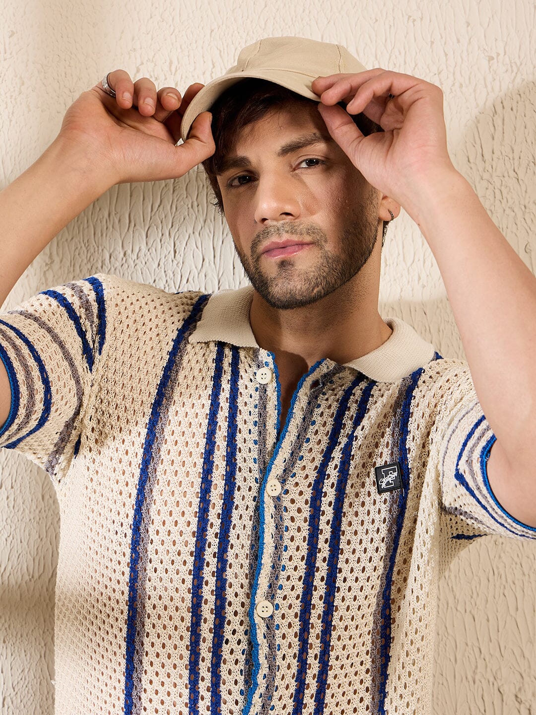 Off White Navy Striped Crochet Knitted Shirt - Image 6