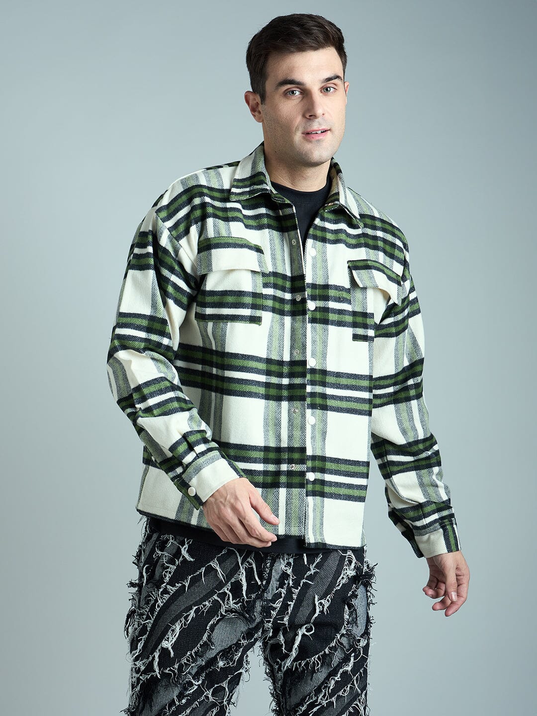 Off White & Olive Checkered Tweed OverShirt - Image 3
