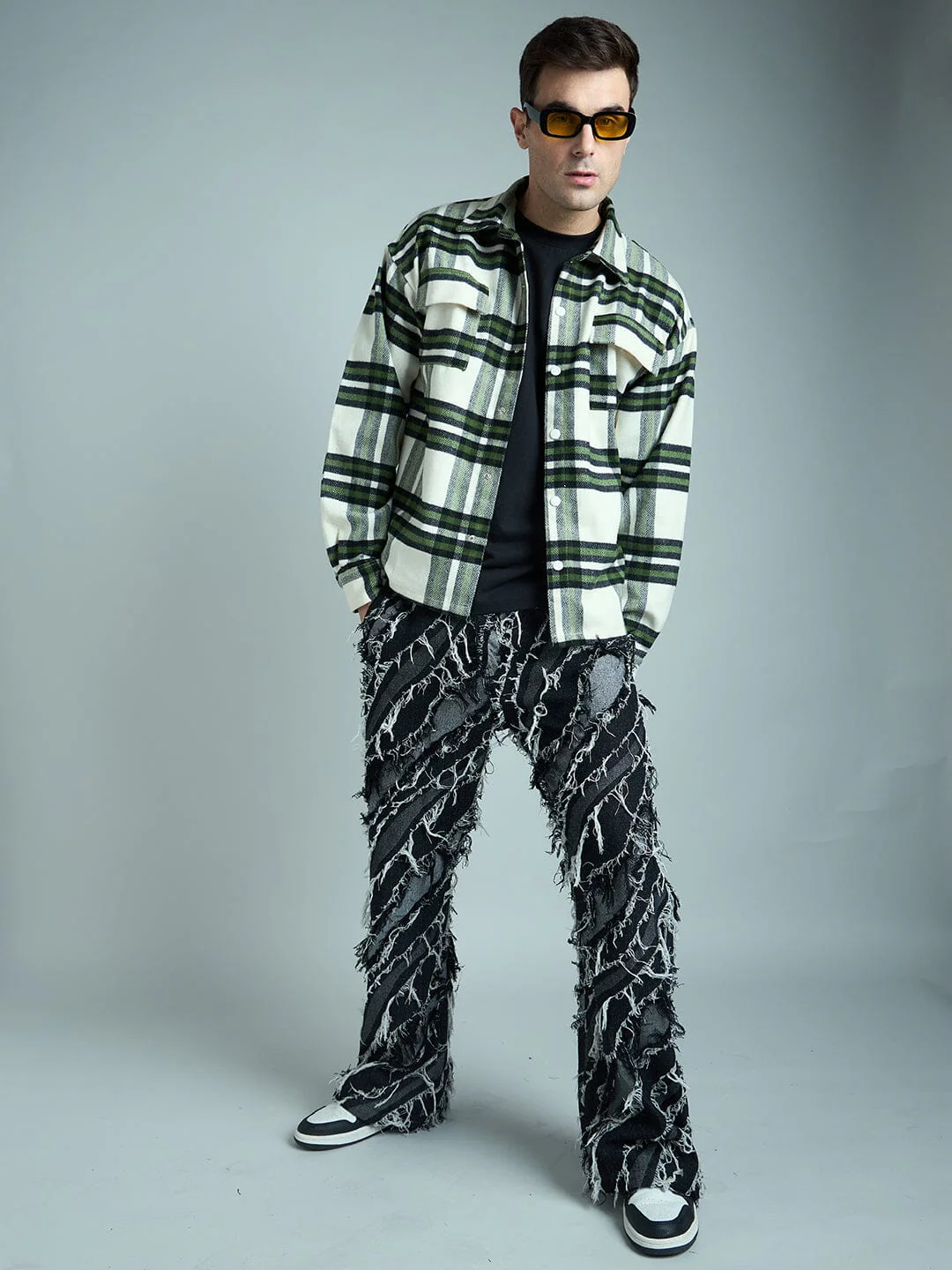 Off White & Olive Checkered Tweed OverShirt - Image 4