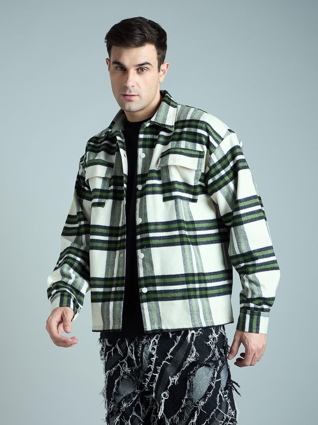 Off White & Olive Checkered Tweed OverShirt - Image 5