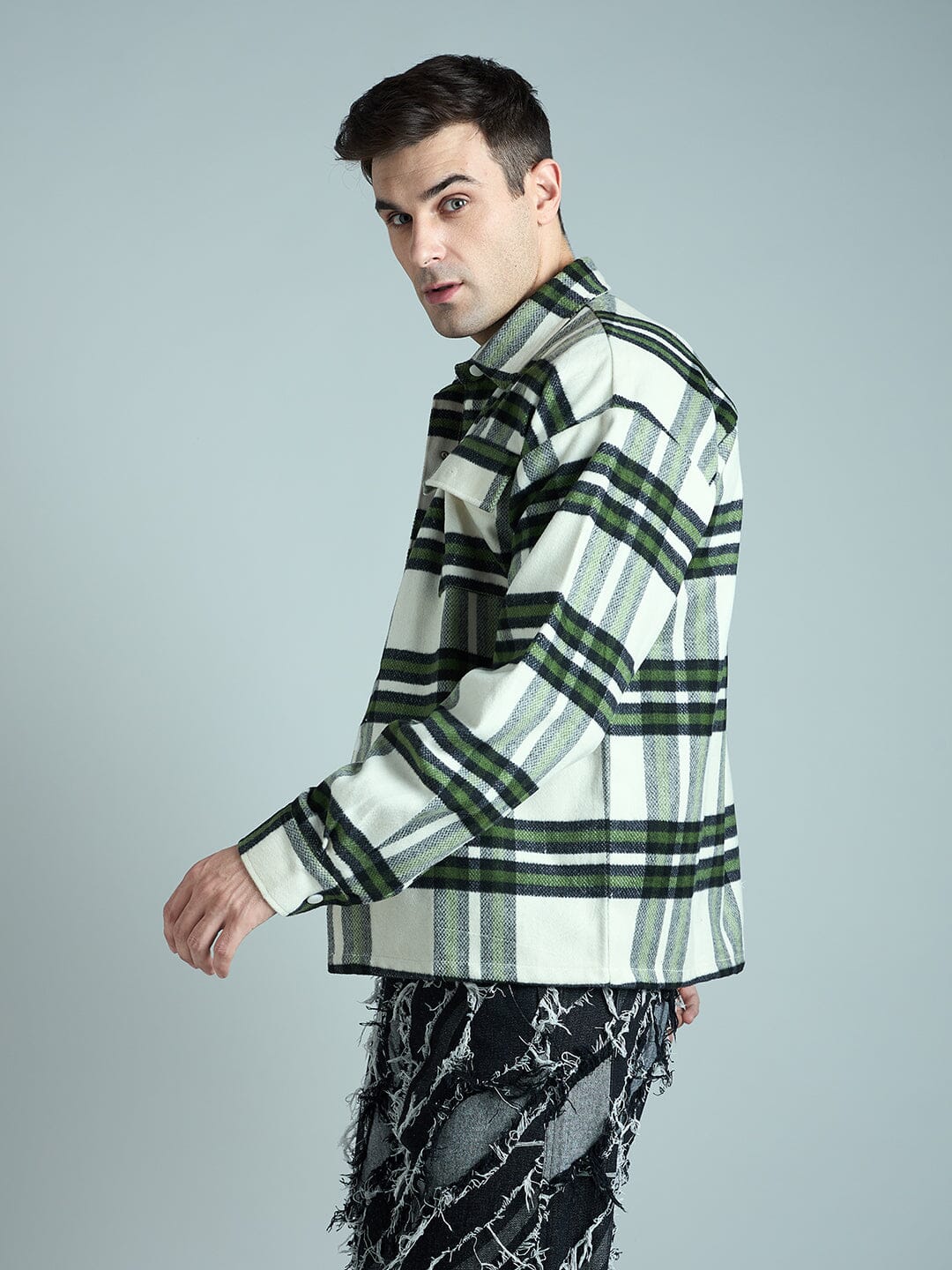 Off White & Olive Checkered Tweed OverShirt - Image 6