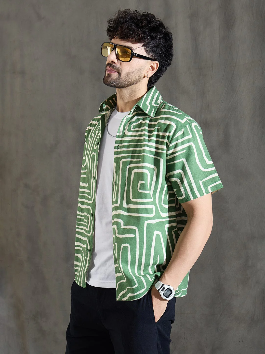 Olive Abstract Print Linen Shirt - Image 2