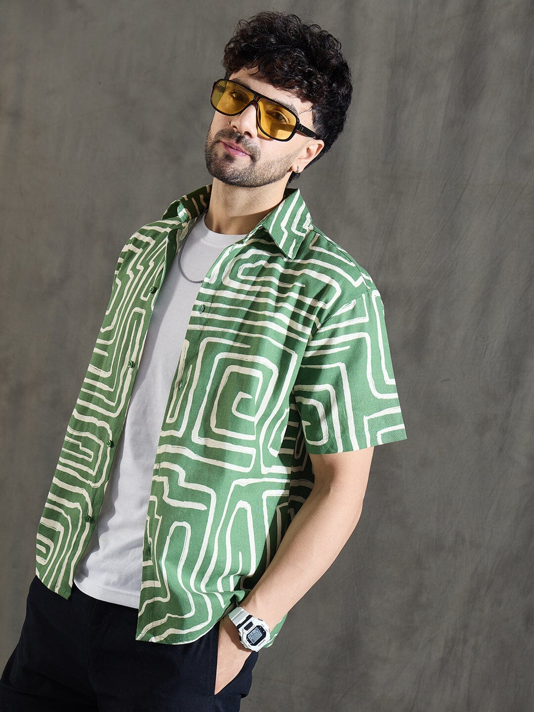Olive Abstract Print Linen Shirt - Image 3