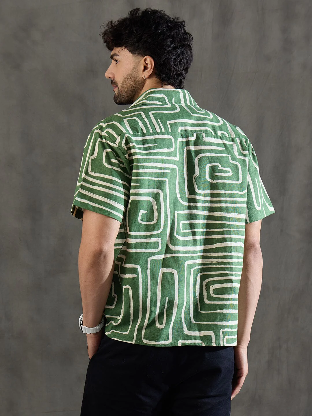 Olive Abstract Print Linen Shirt - Image 4