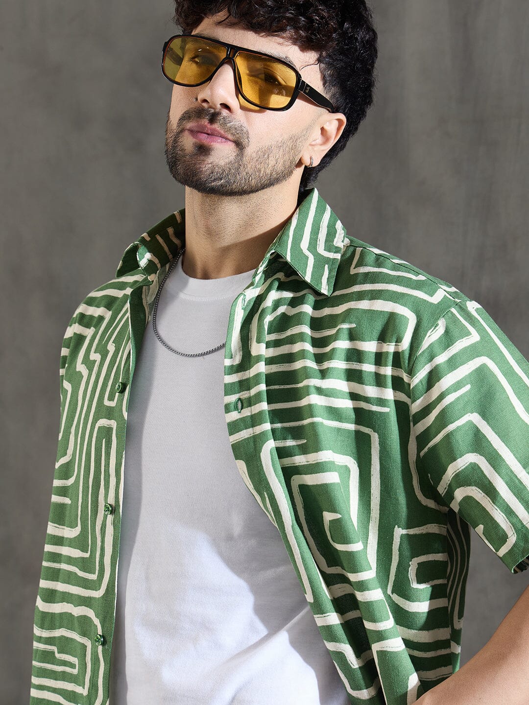 Olive Abstract Print Linen Shirt - Image 6
