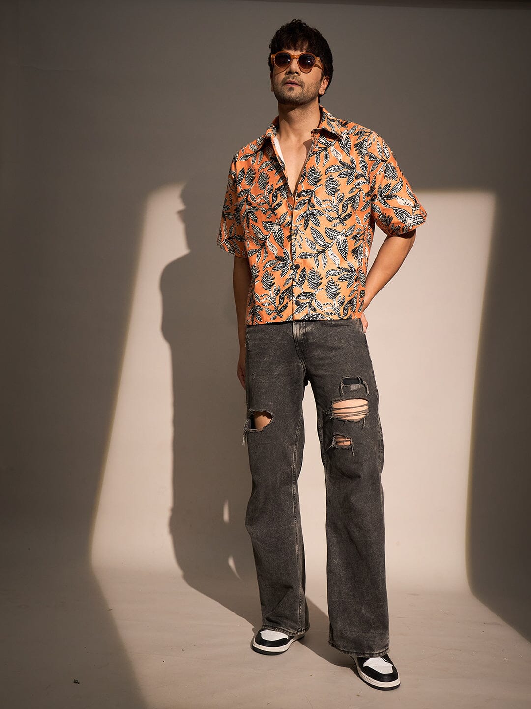 Orange Floral Print Cropped Shirt - Image 4