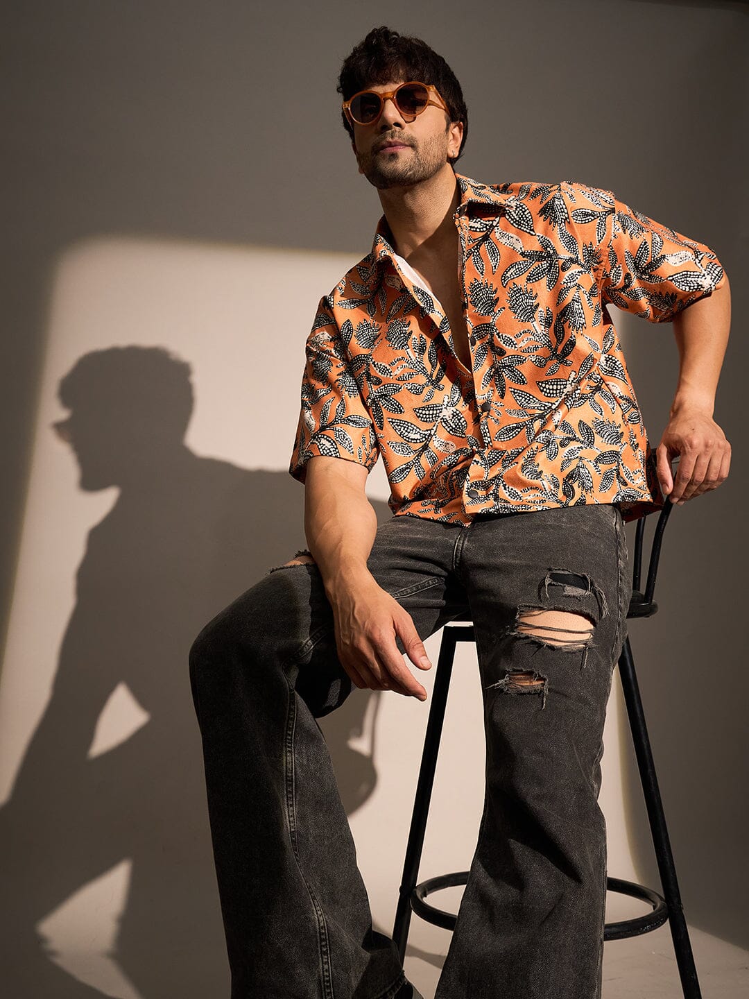 Orange Floral Print Cropped Shirt - Image 5