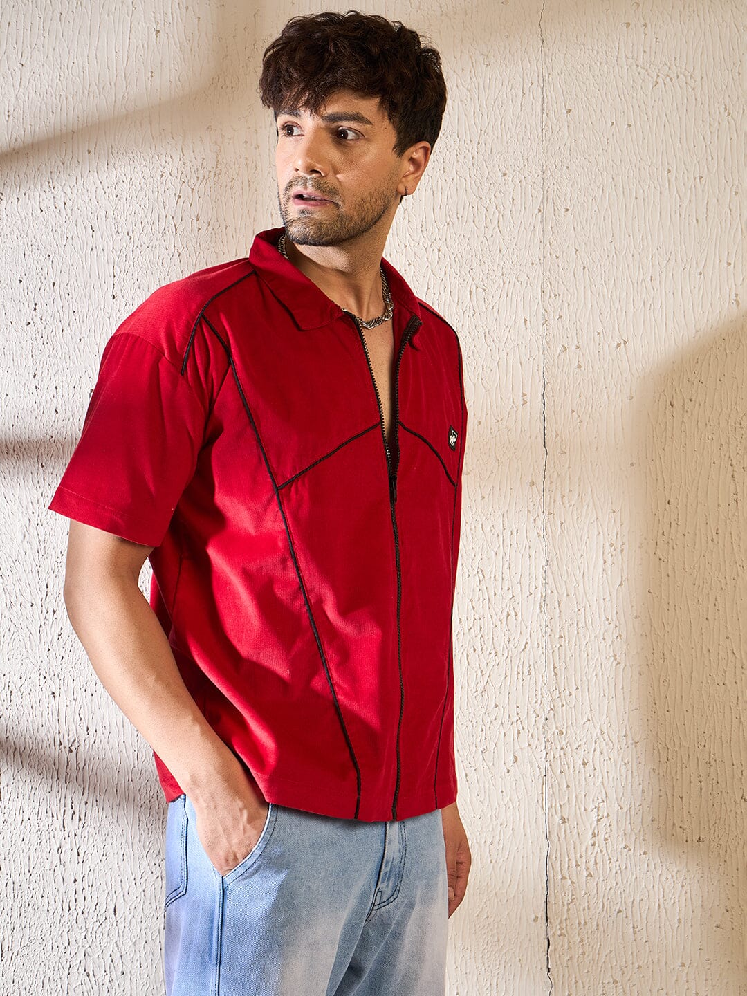 Red Corduroy Zipped Piping Shirt - Image 2