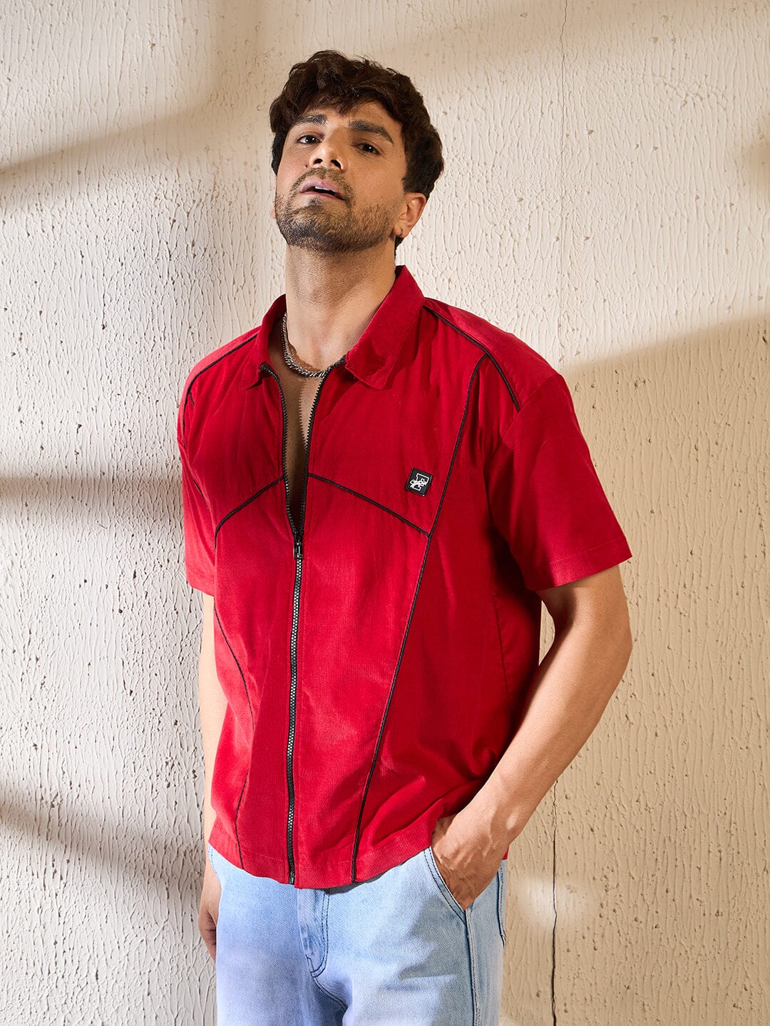 Red Corduroy Zipped Piping Shirt - Image 3