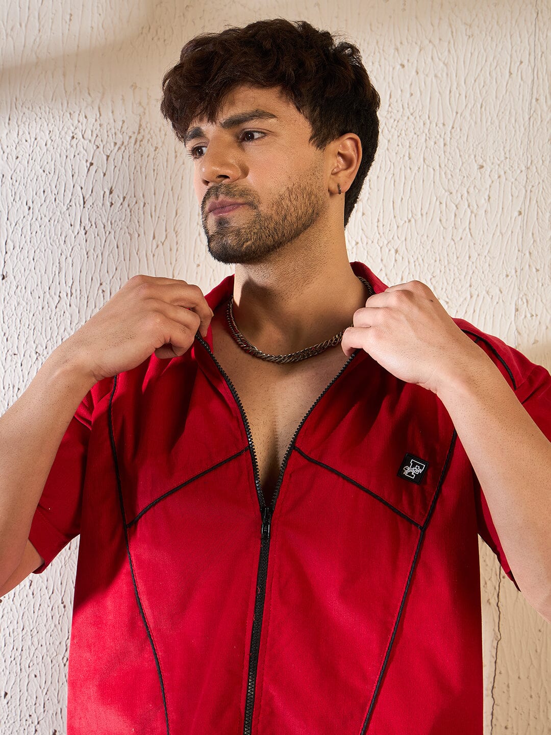 Red Corduroy Zipped Piping Shirt - Image 4