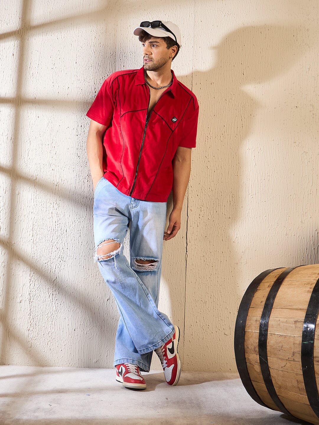 Red Corduroy Zipped Piping Shirt - Image 6