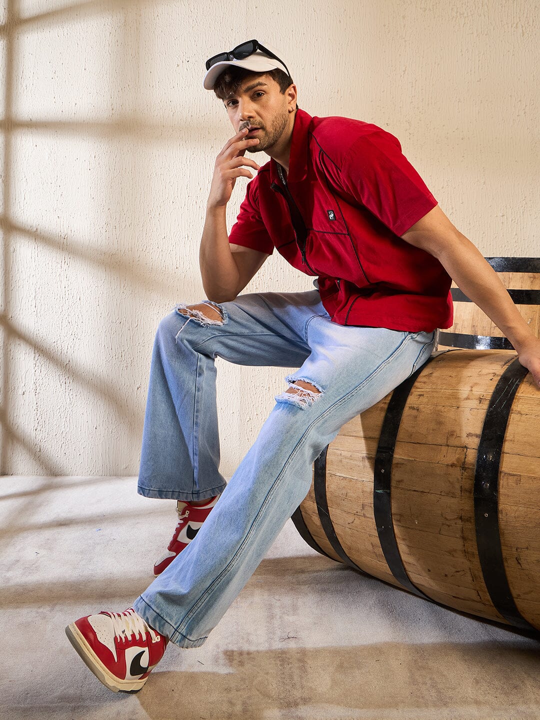 Red Corduroy Zipped Piping Shirt - Image 7