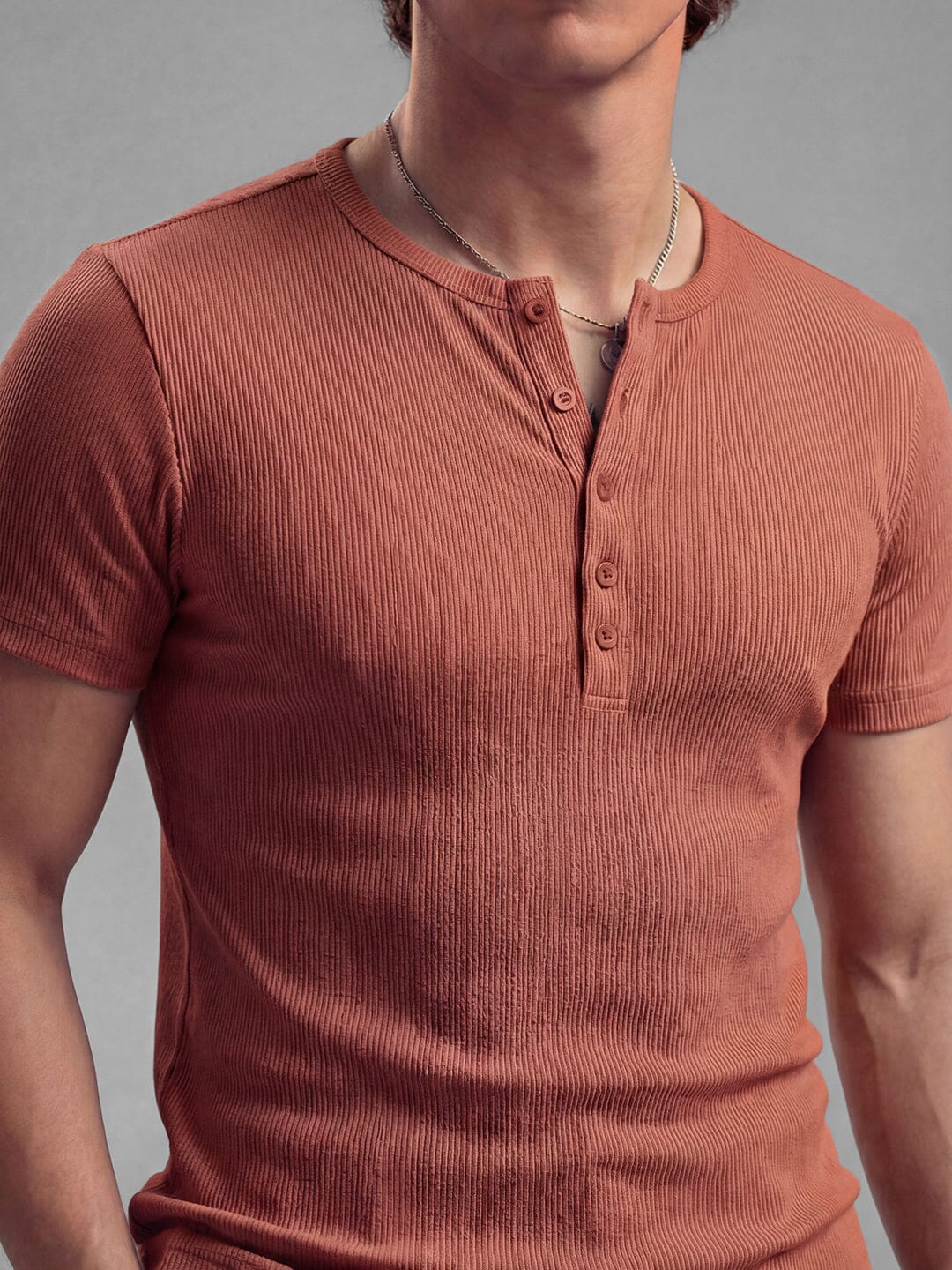 Rust Ribbed Henley Short Sleeves Tshirt - Image 2