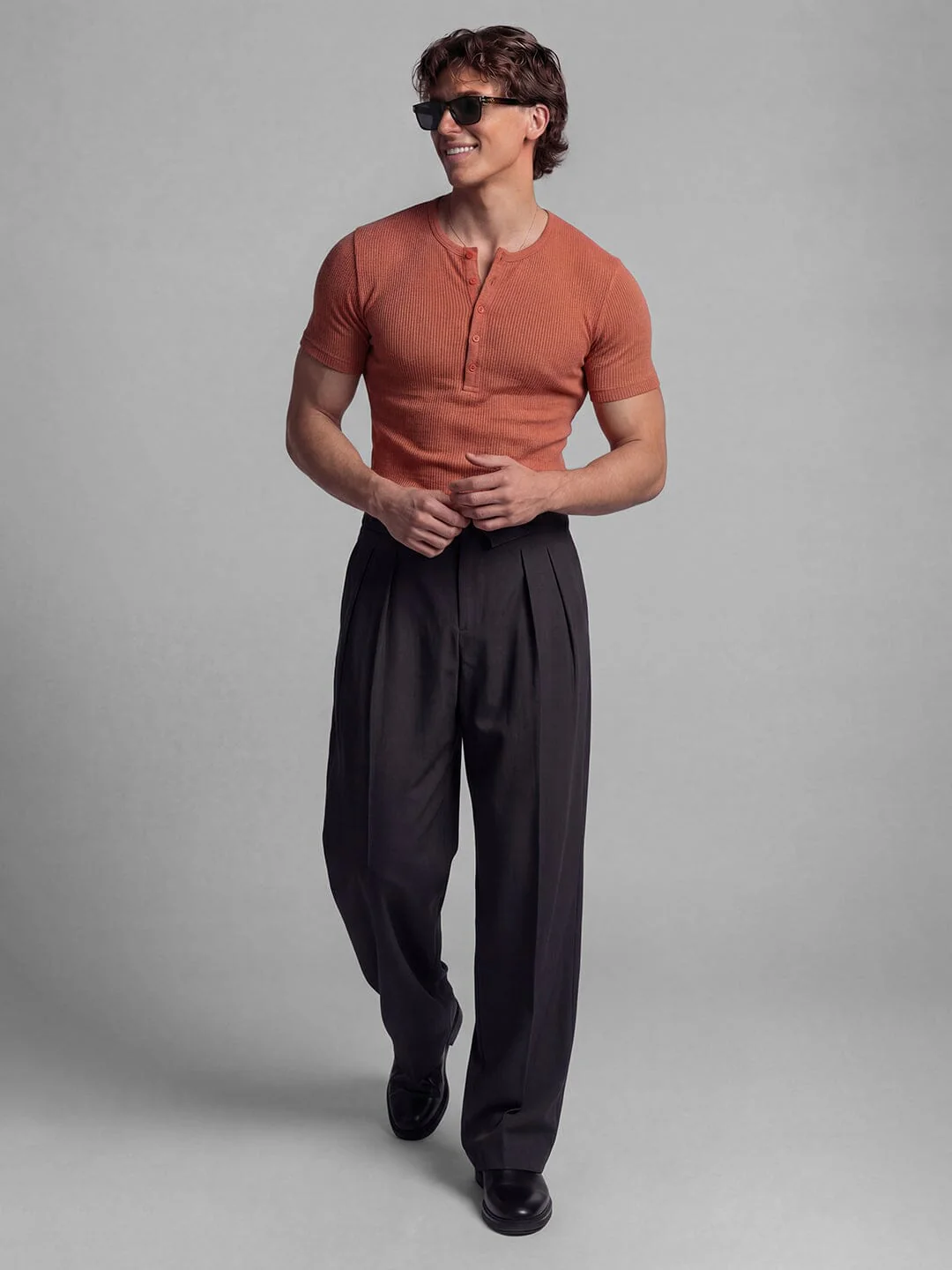 Rust Ribbed Henley Short Sleeves Tshirt - Image 3