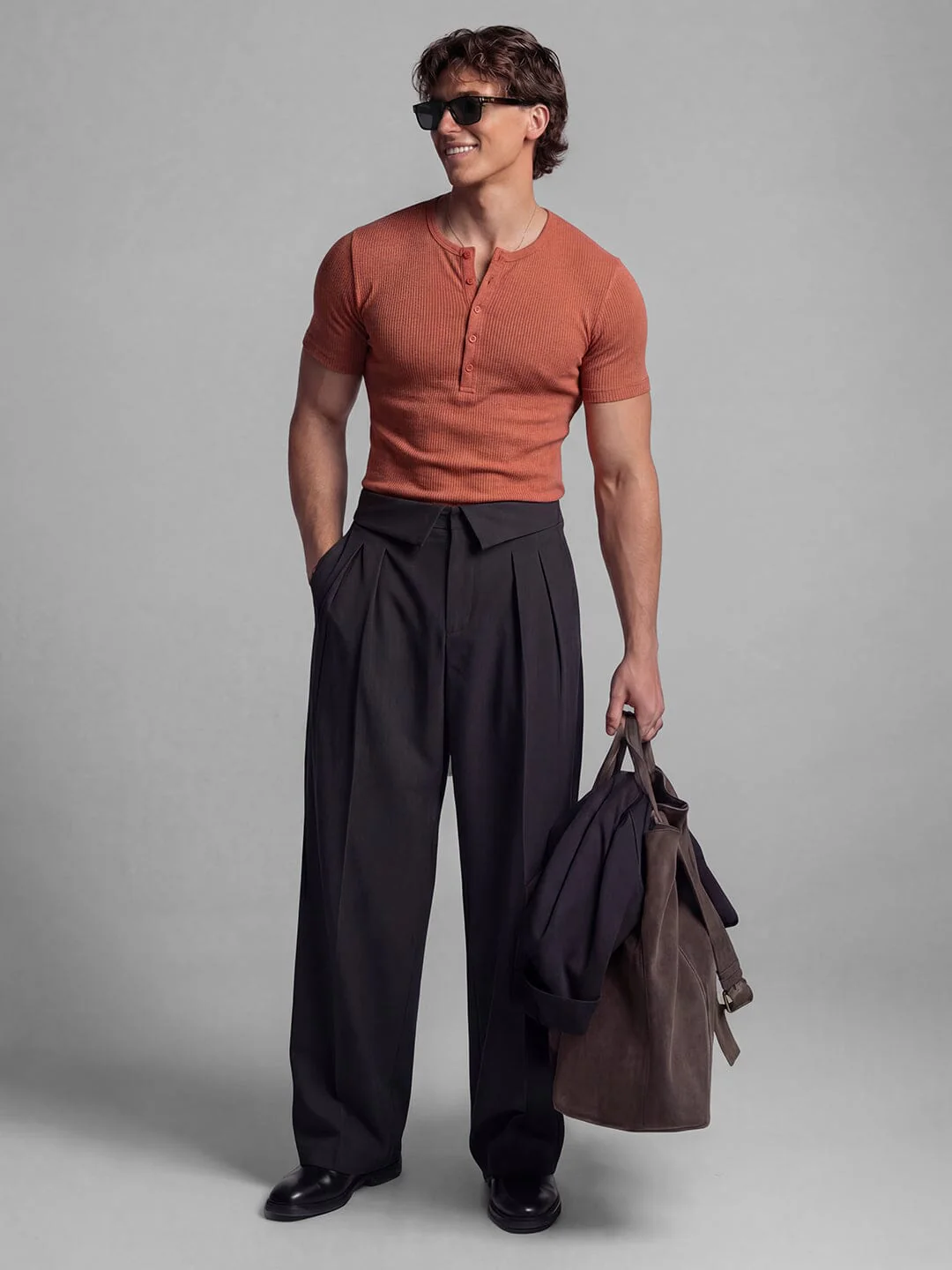 Rust Ribbed Henley Short Sleeves Tshirt - Image 4