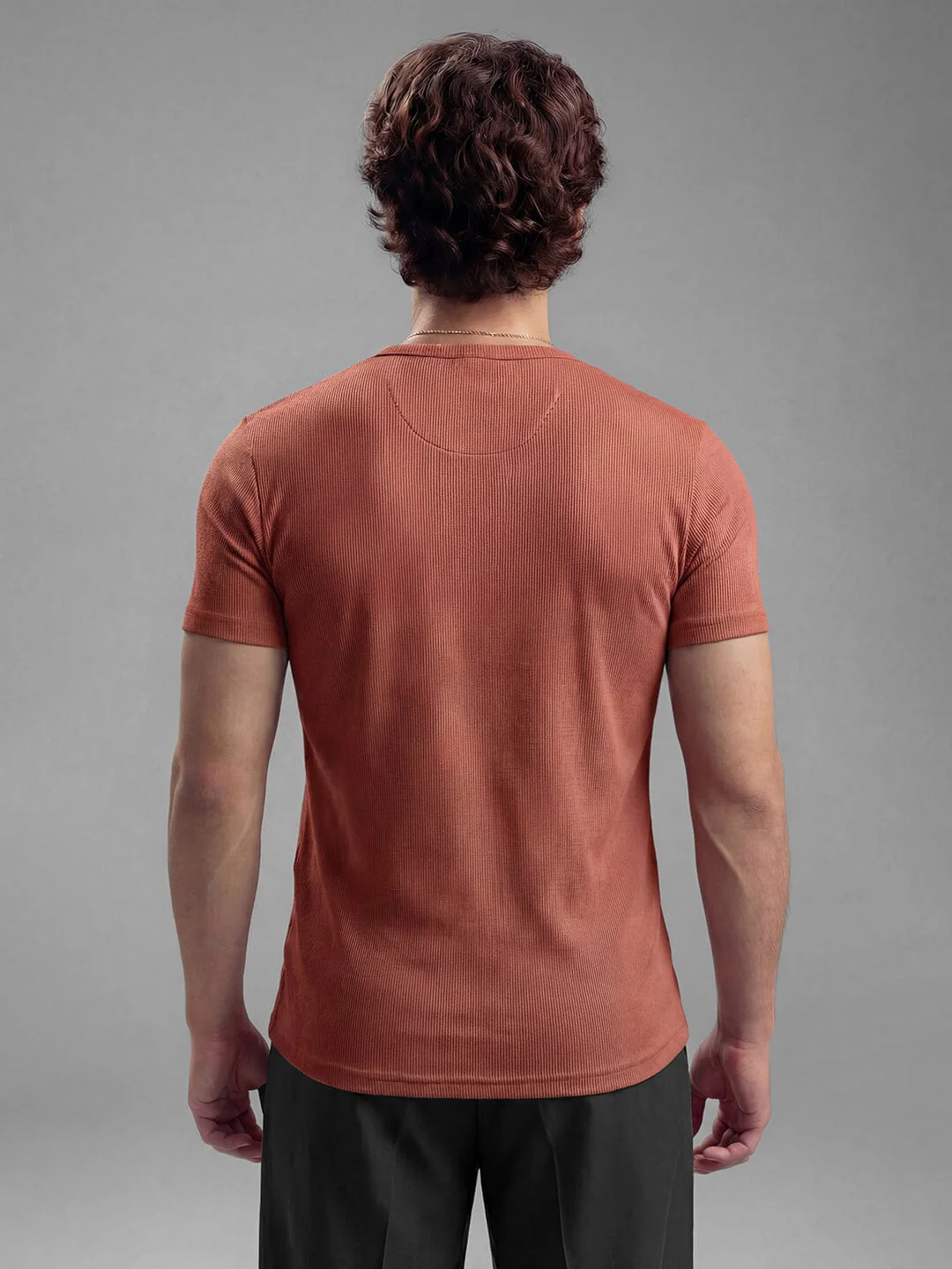 Rust Ribbed Henley Short Sleeves Tshirt - Image 5