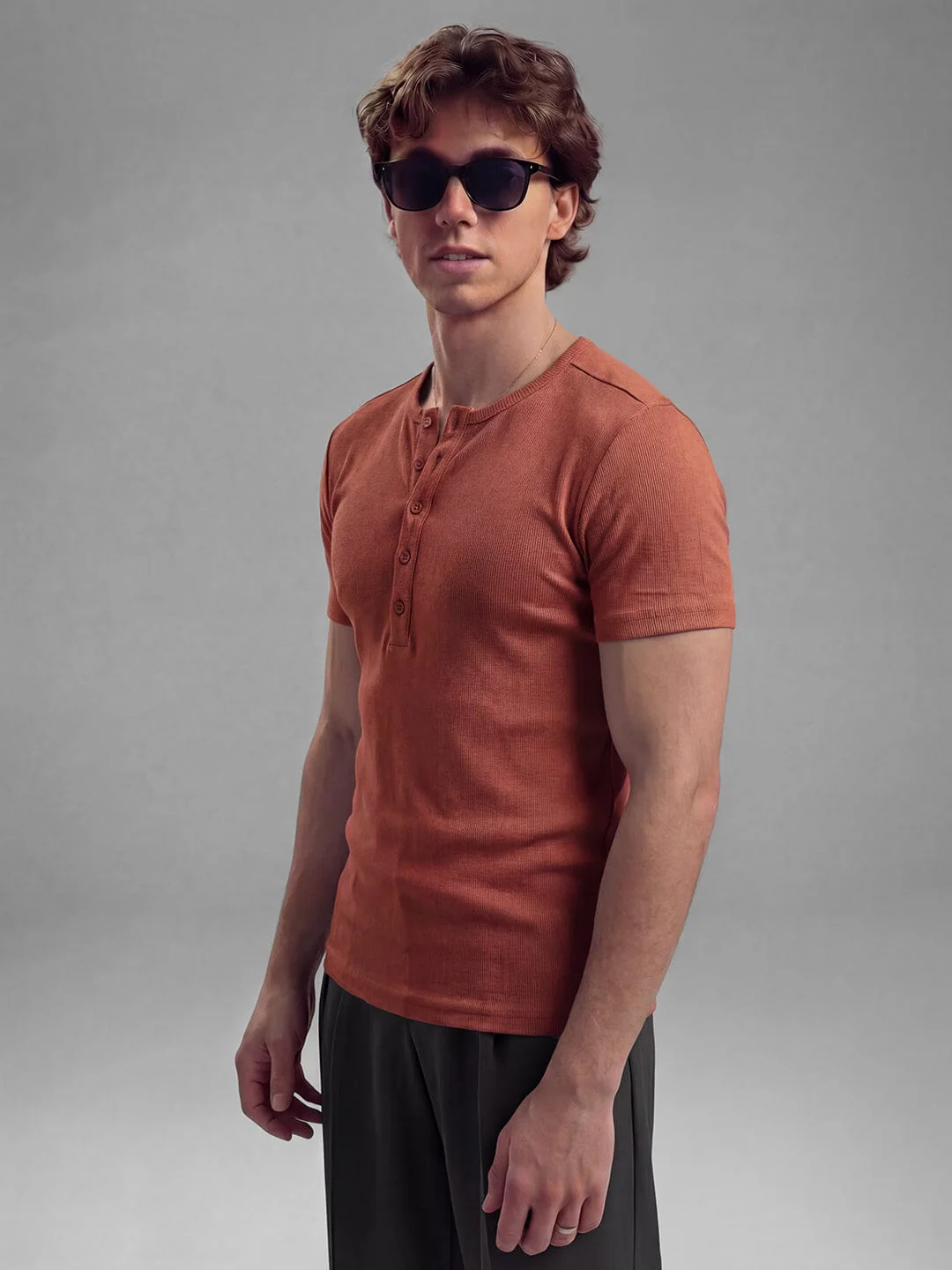 Rust Ribbed Henley Short Sleeves Tshirt - Image 6