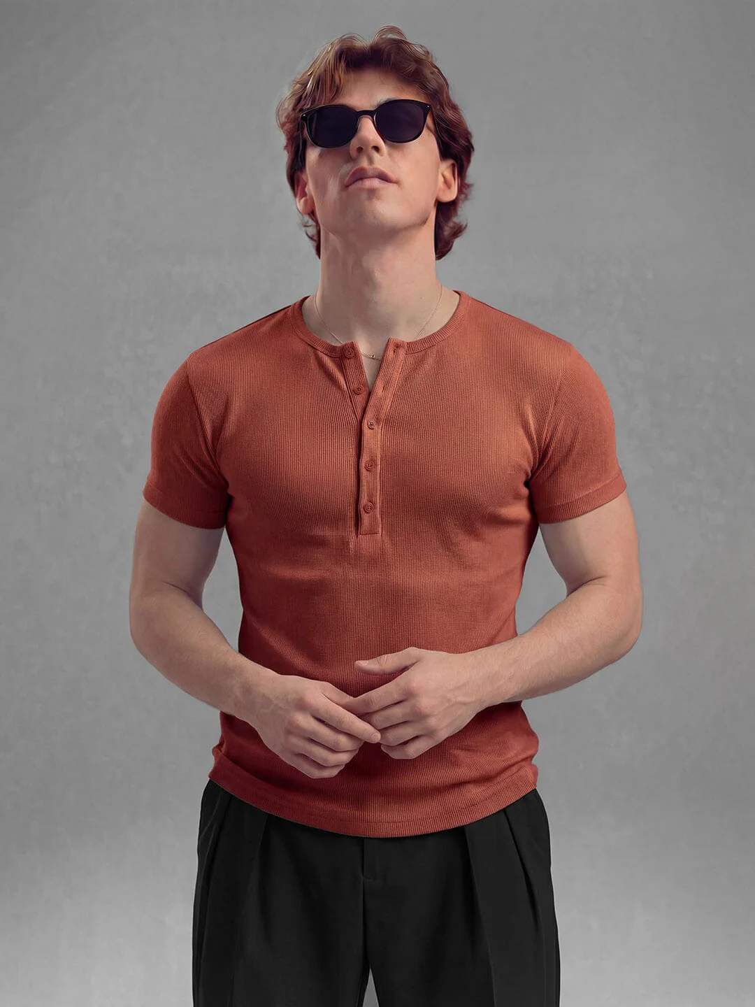 Rust Ribbed Henley Short Sleeves Tshirt - Image 7