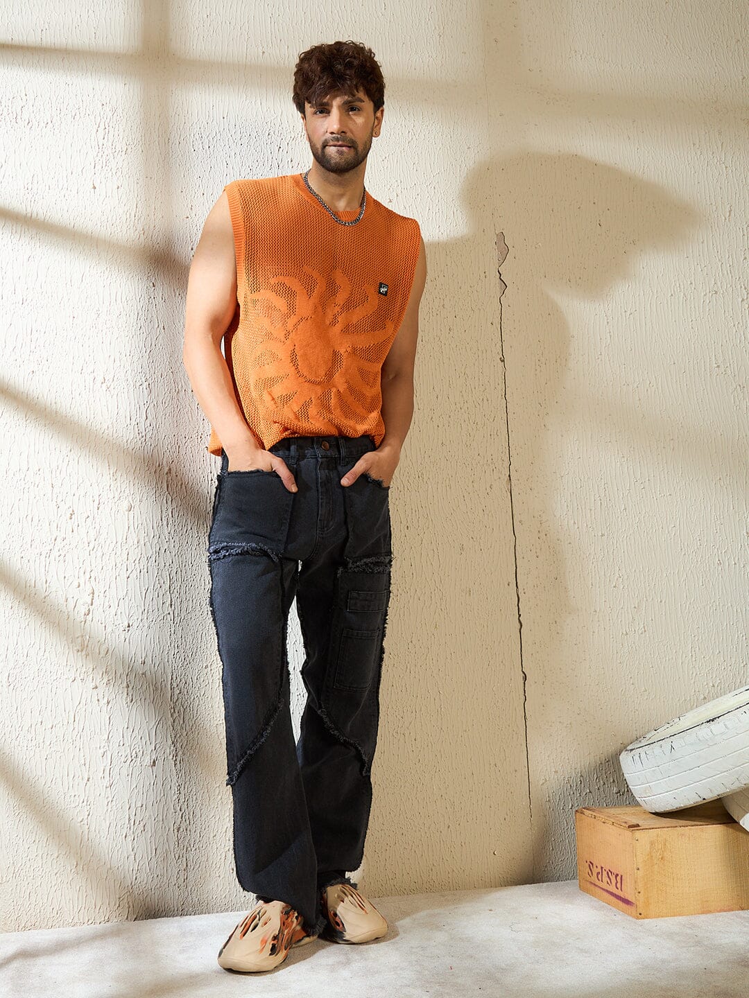 Rust Sun Graphic Crochet Vest - Image 5