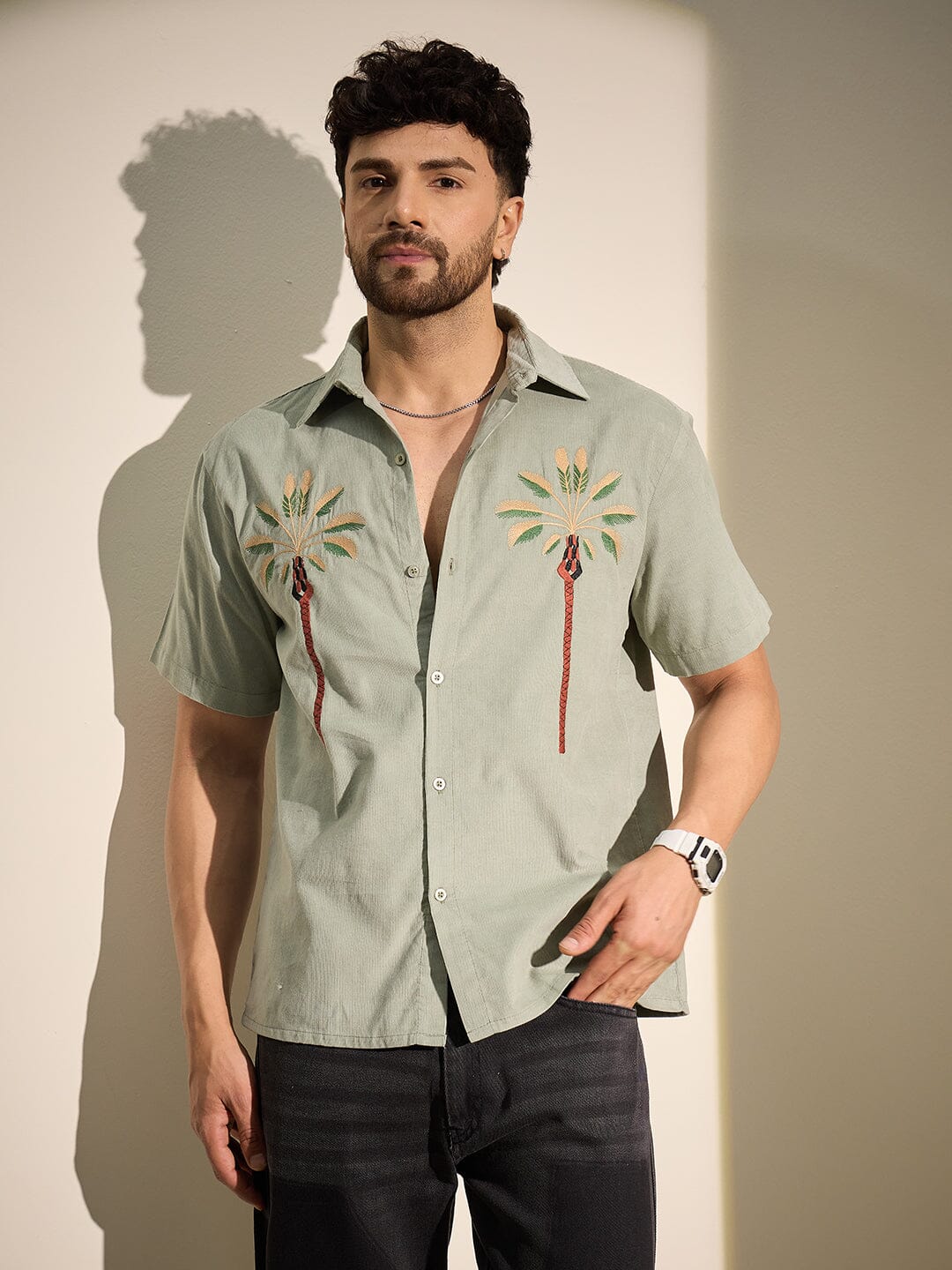 Sage Palm Embroidery Corduroy Shirt