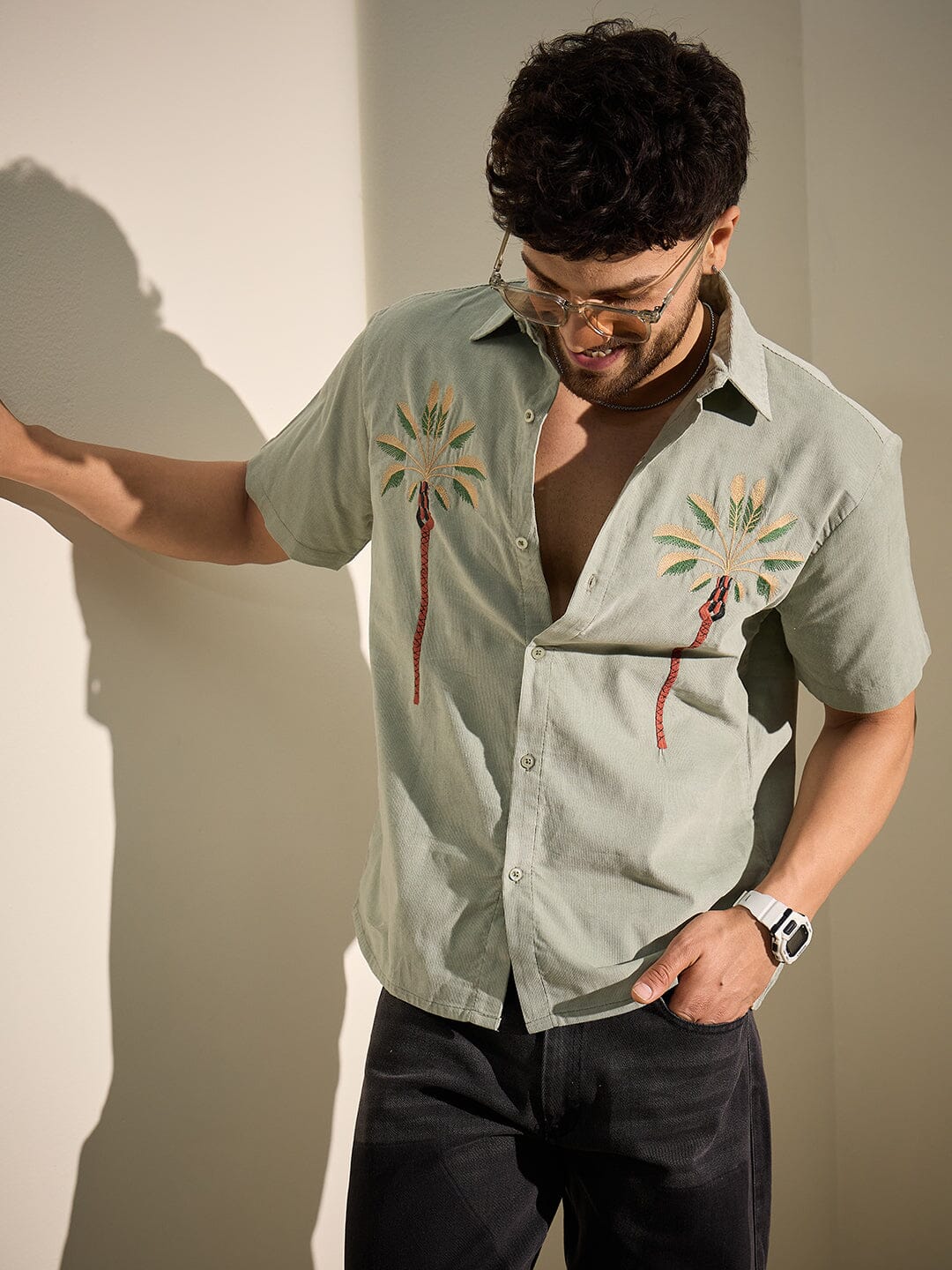 Sage Palm Embroidery Corduroy Shirt - Image 5