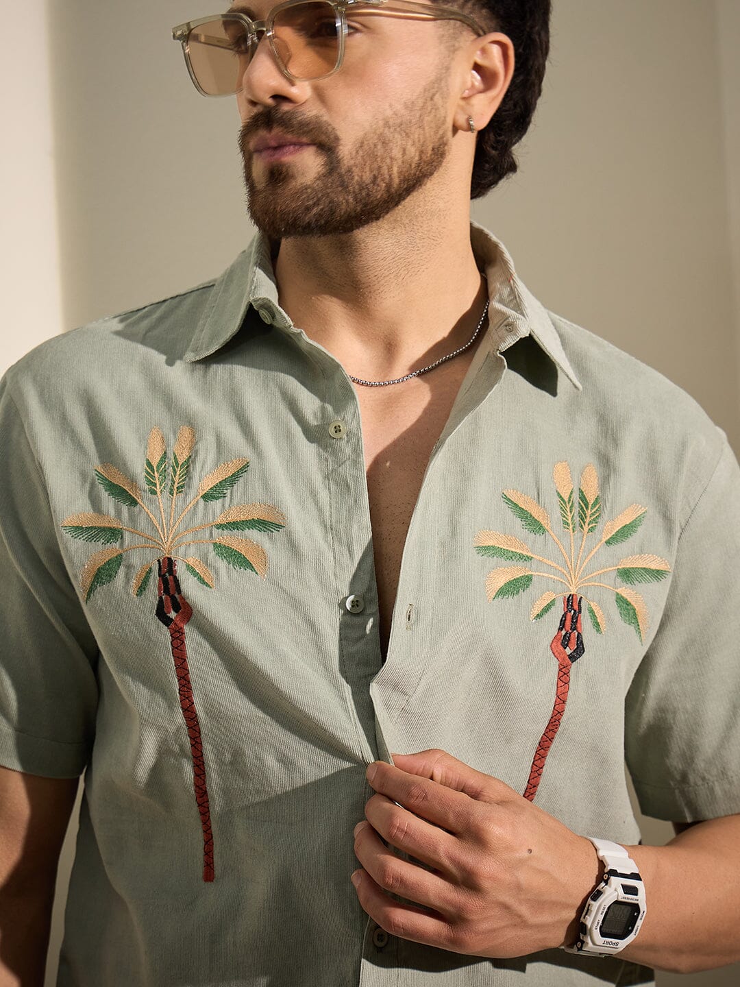 Sage Palm Embroidery Corduroy Shirt - Image 7