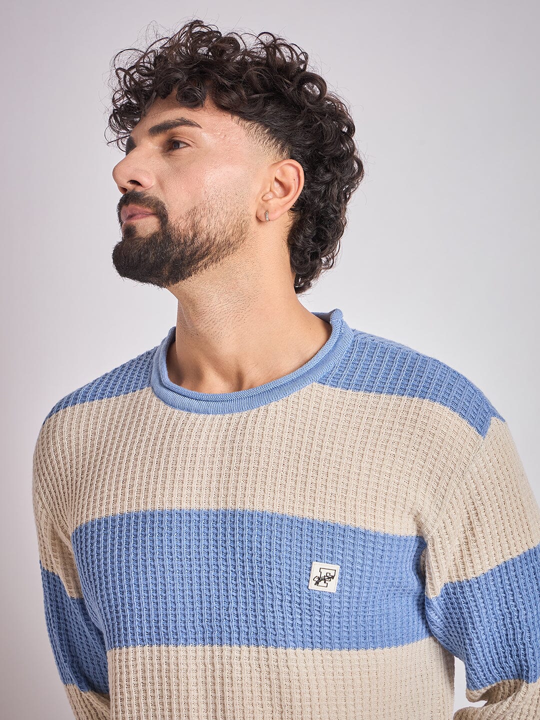 Sky and Cream Striped Raw Edge Sweater - Image 3