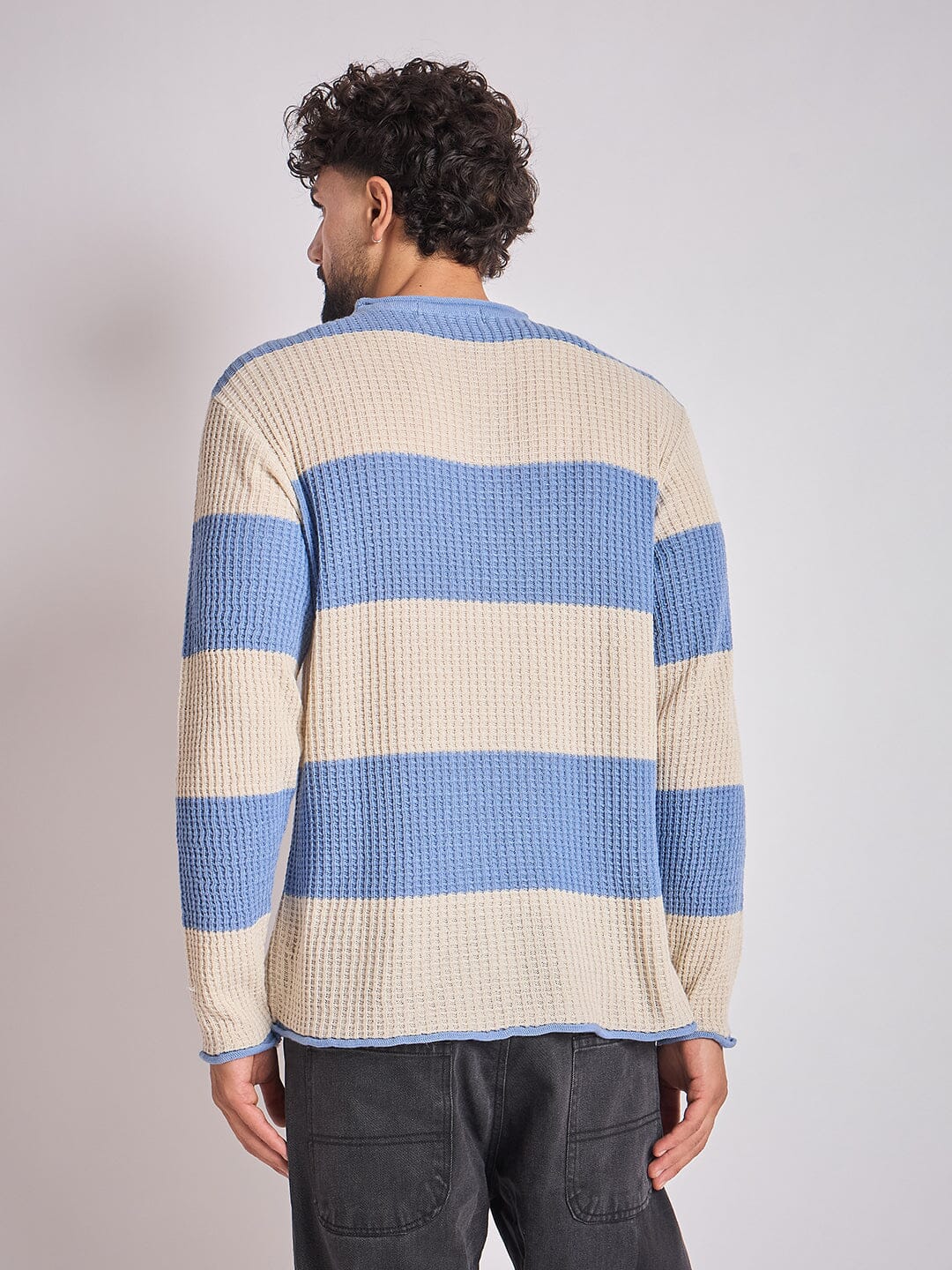 Sky and Cream Striped Raw Edge Sweater - Image 4