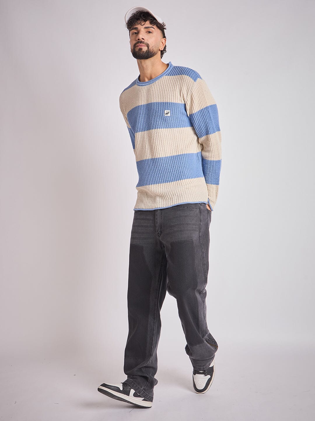Sky and Cream Striped Raw Edge Sweater - Image 5