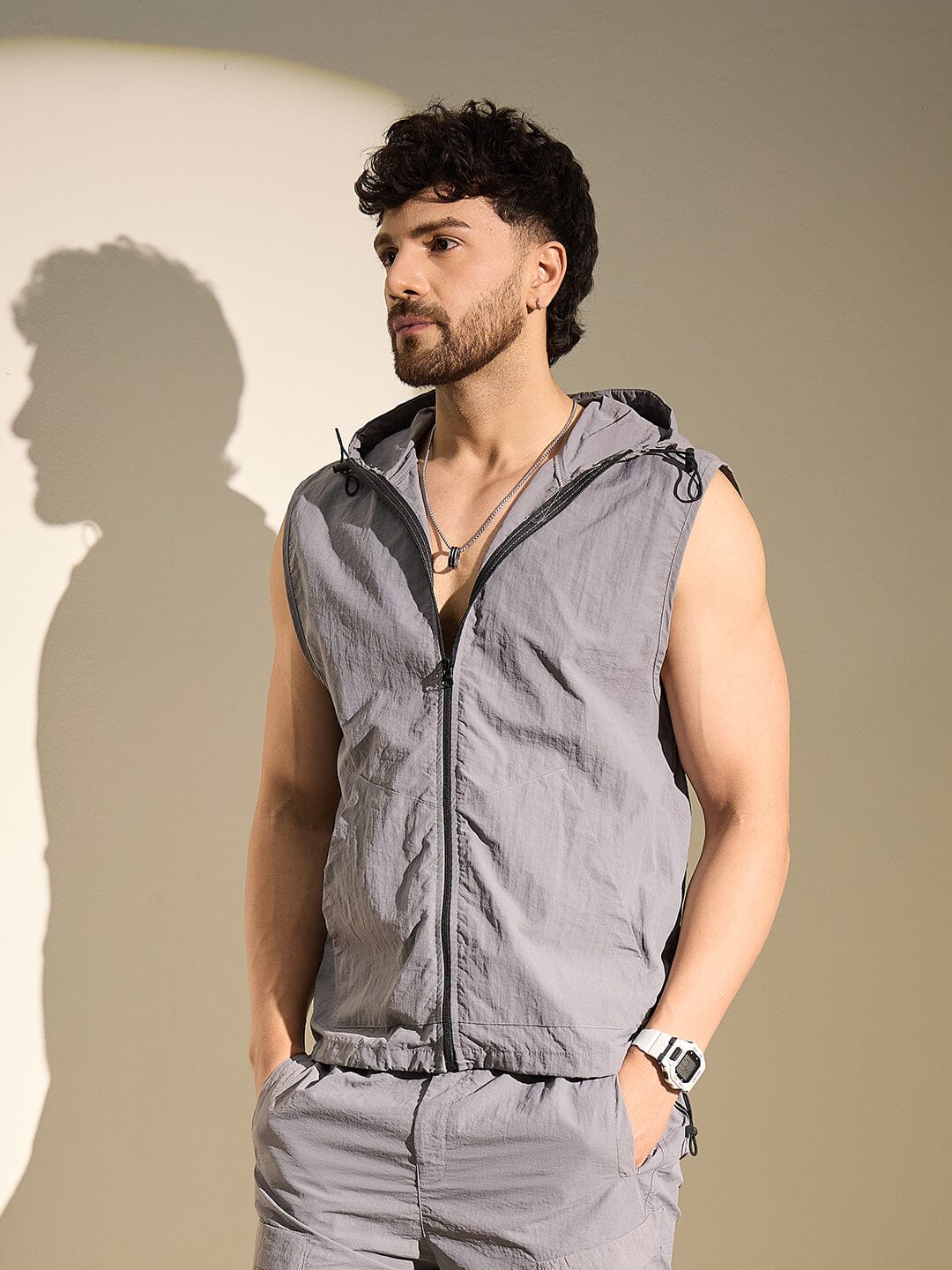 Steel Grey Nylon Sleeveless Windbreaker Jacket - Image 6
