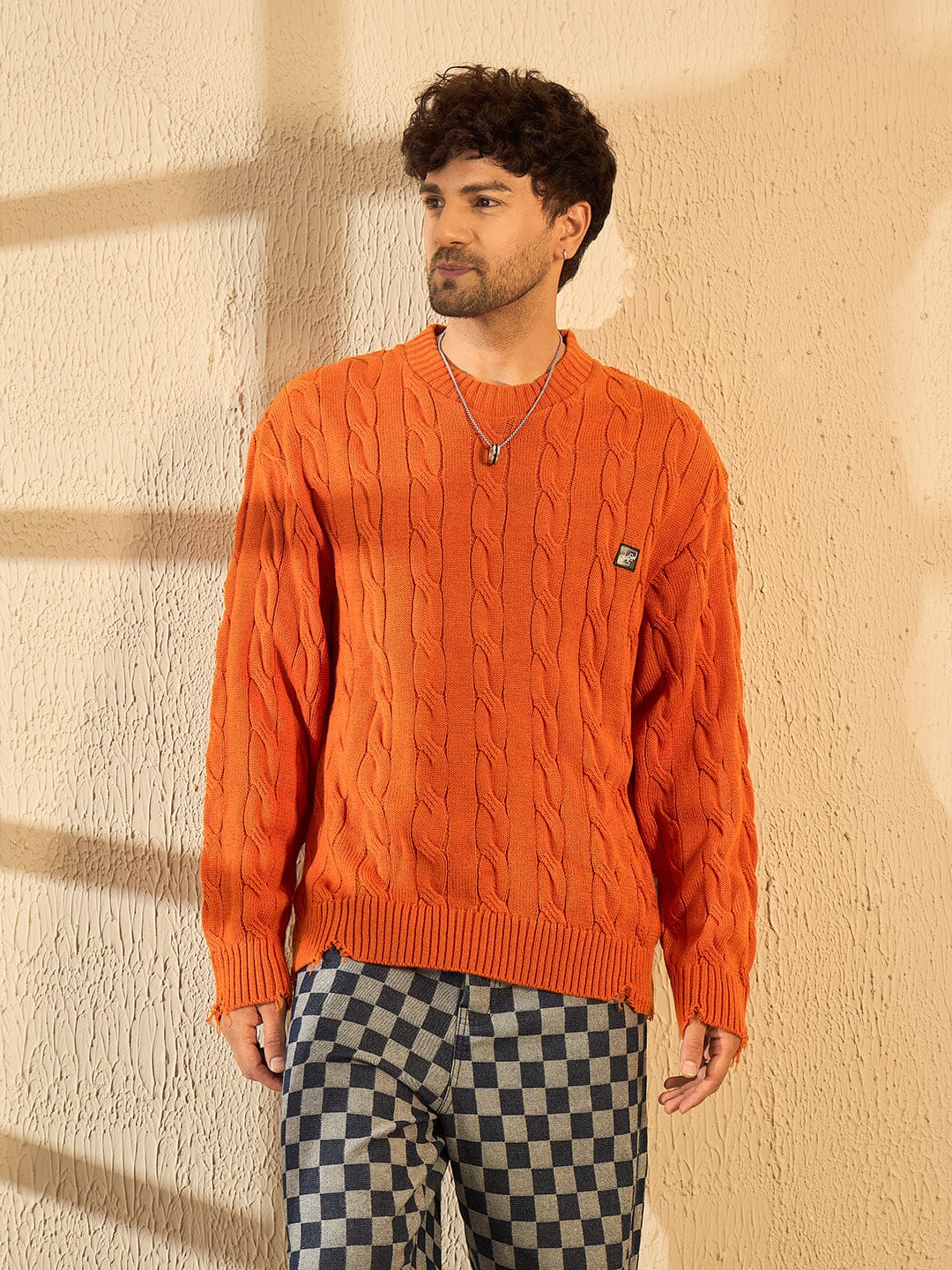 Tangerine Cable Knit Distressed Sweater - Image 2
