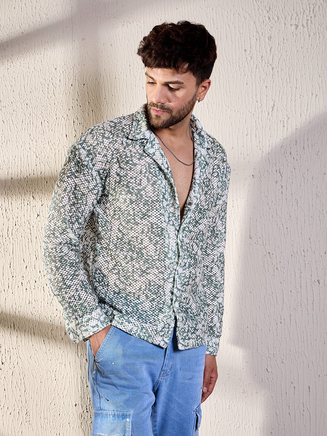 White And Olive Floral Lace Shirt - Image 3