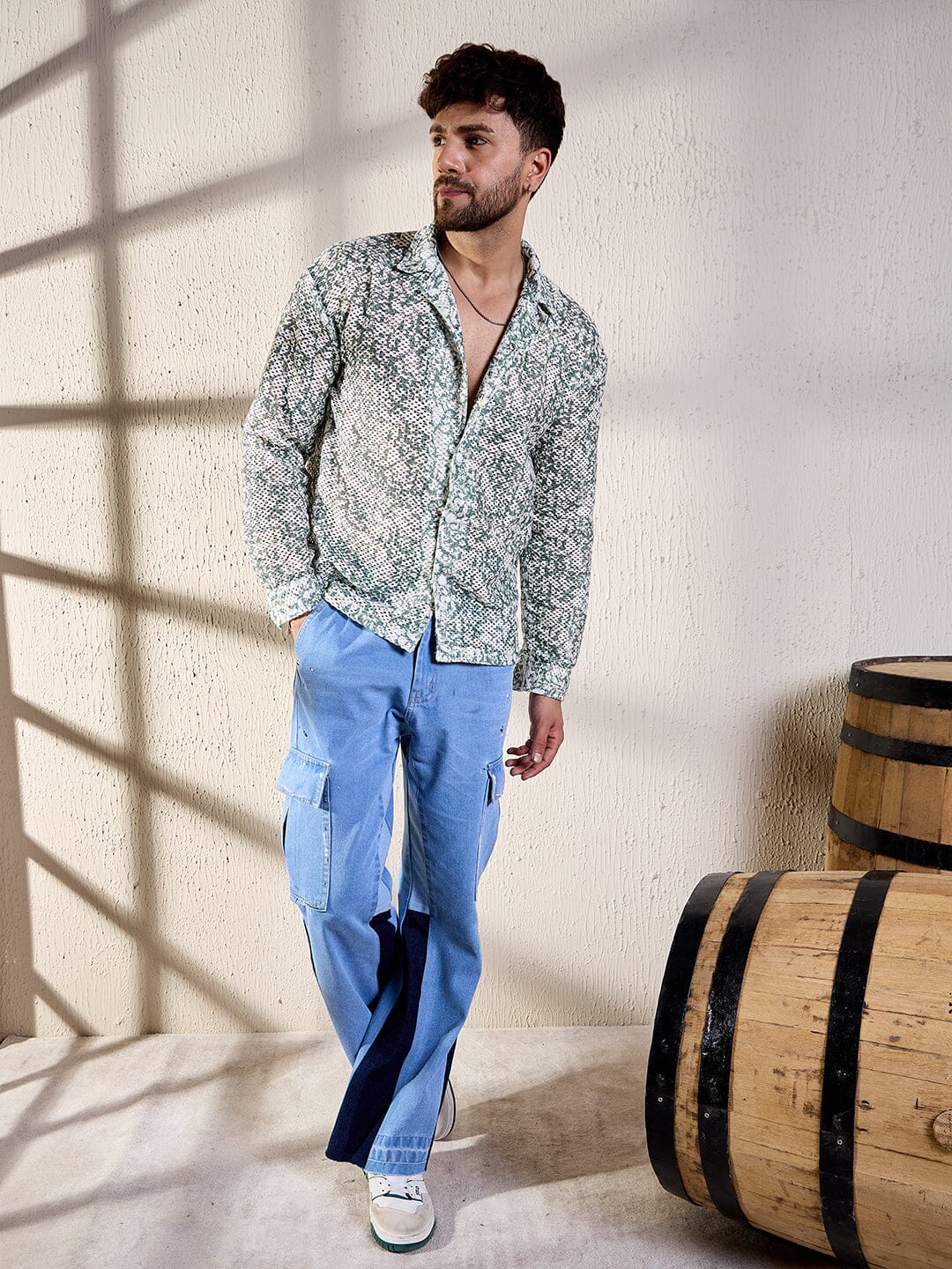 White And Olive Floral Lace Shirt - Image 7