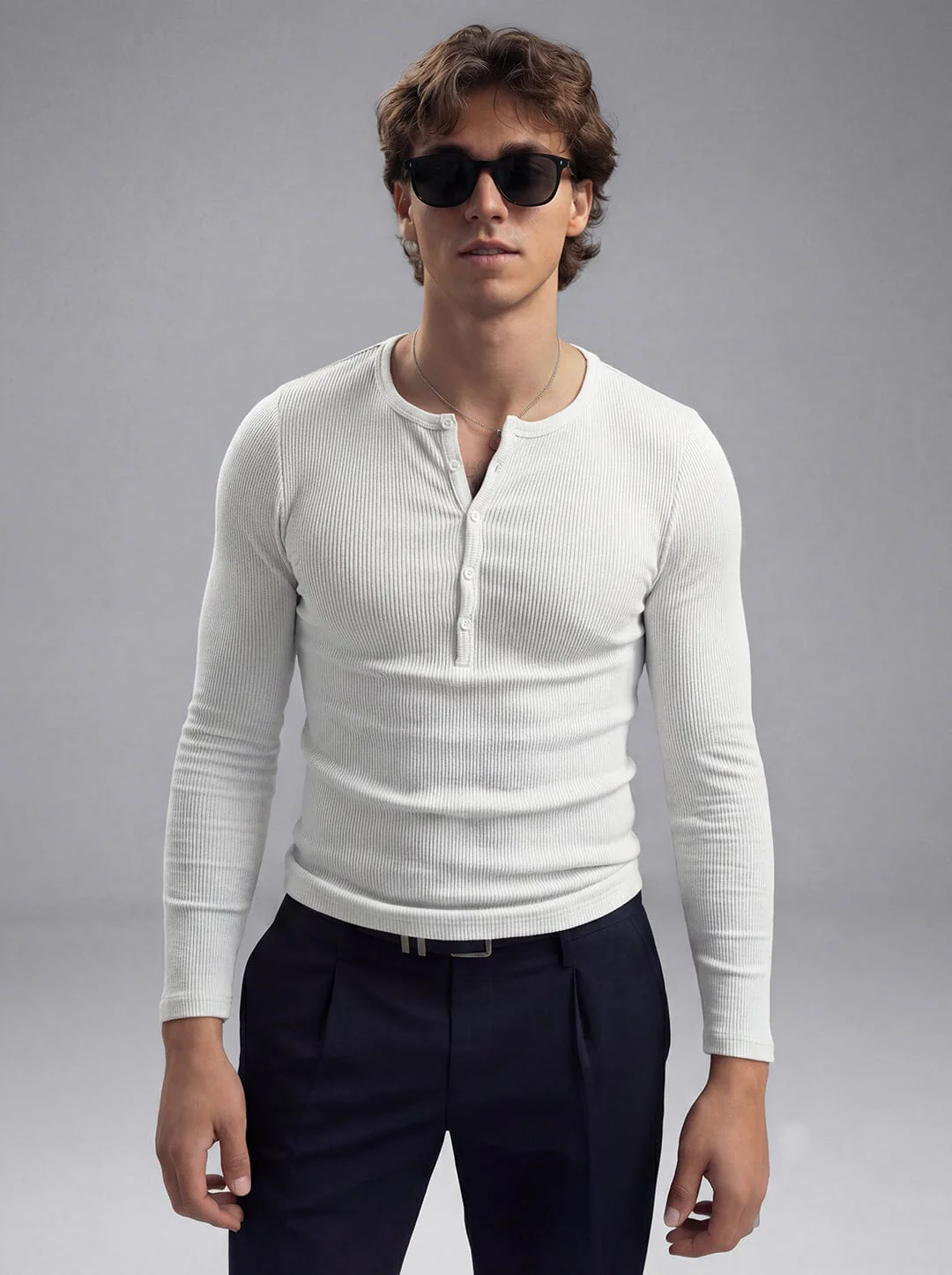 White Ribbed Henley Longsleeves Tshirt - Image 3