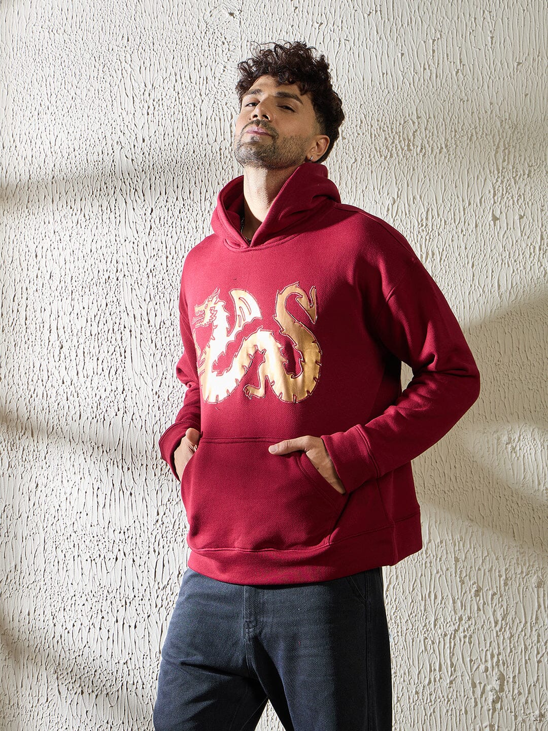 Wine Golden Dragon Oversized Hooded Sweatshirt - Image 2