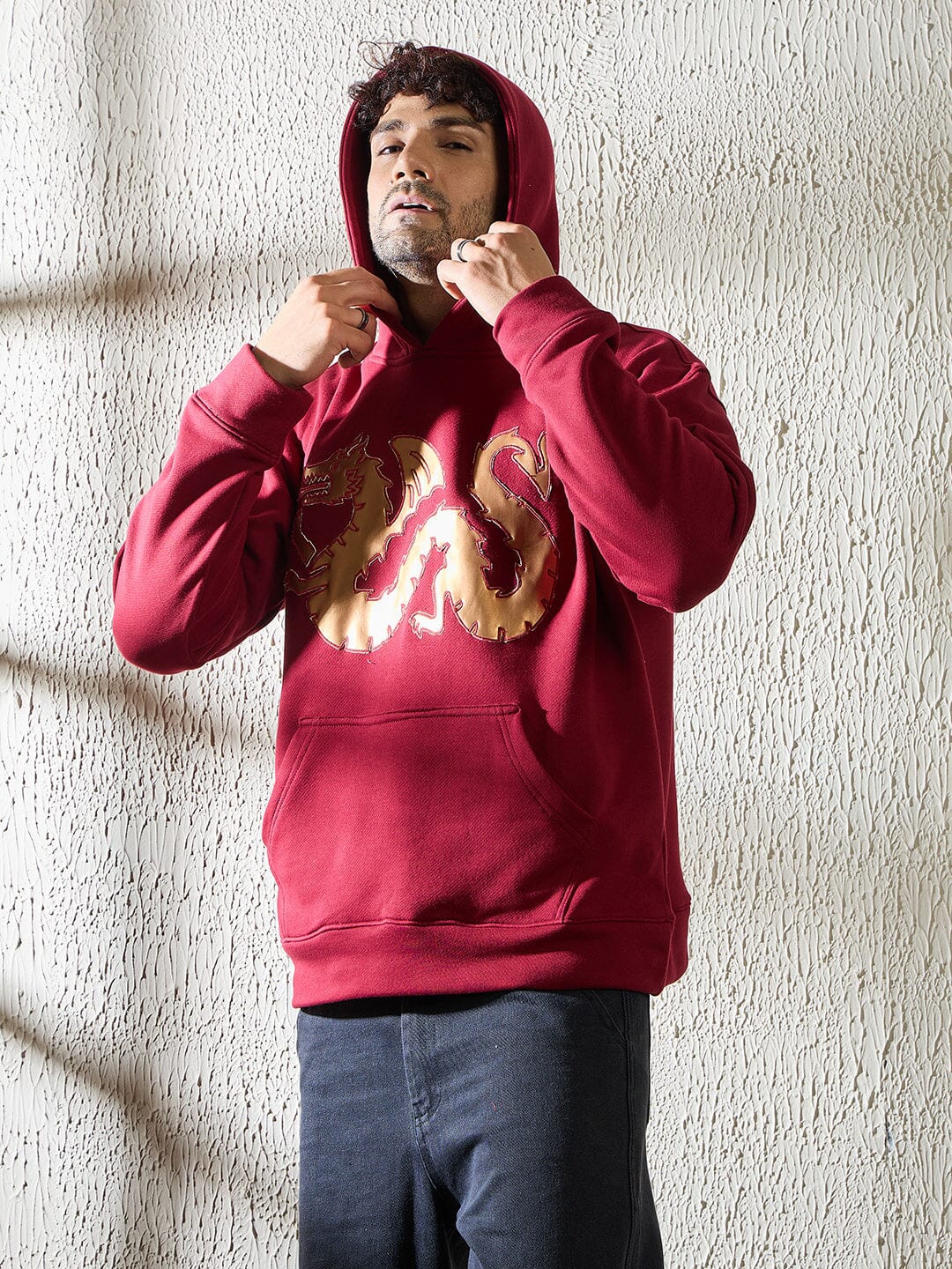 Wine Golden Dragon Oversized Hooded Sweatshirt - Image 3