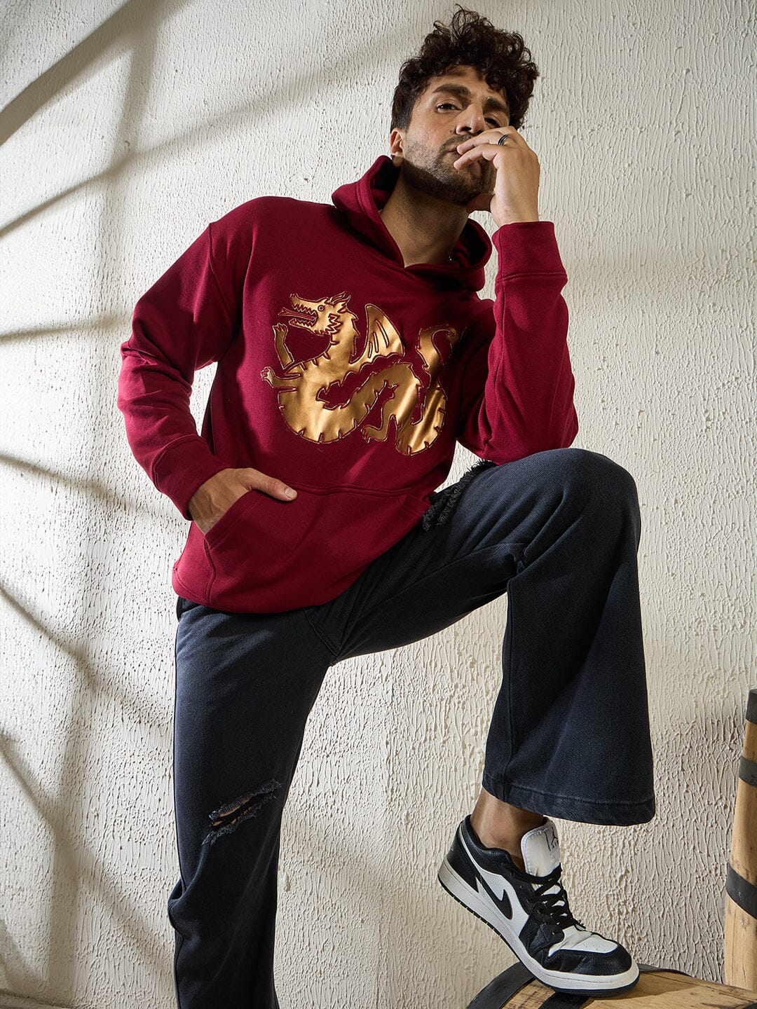 Wine Golden Dragon Oversized Hooded Sweatshirt - Image 7